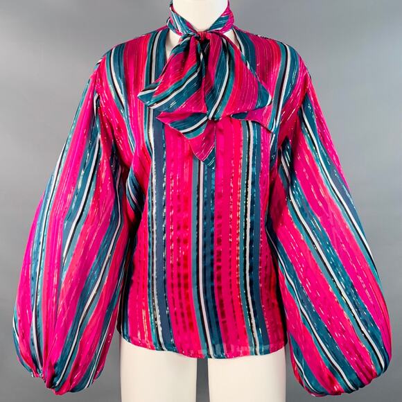 TRINA TURK Size S Pink Green Silk Metallic Stripe Bishop Bow Blouse - Picture 1 of 6